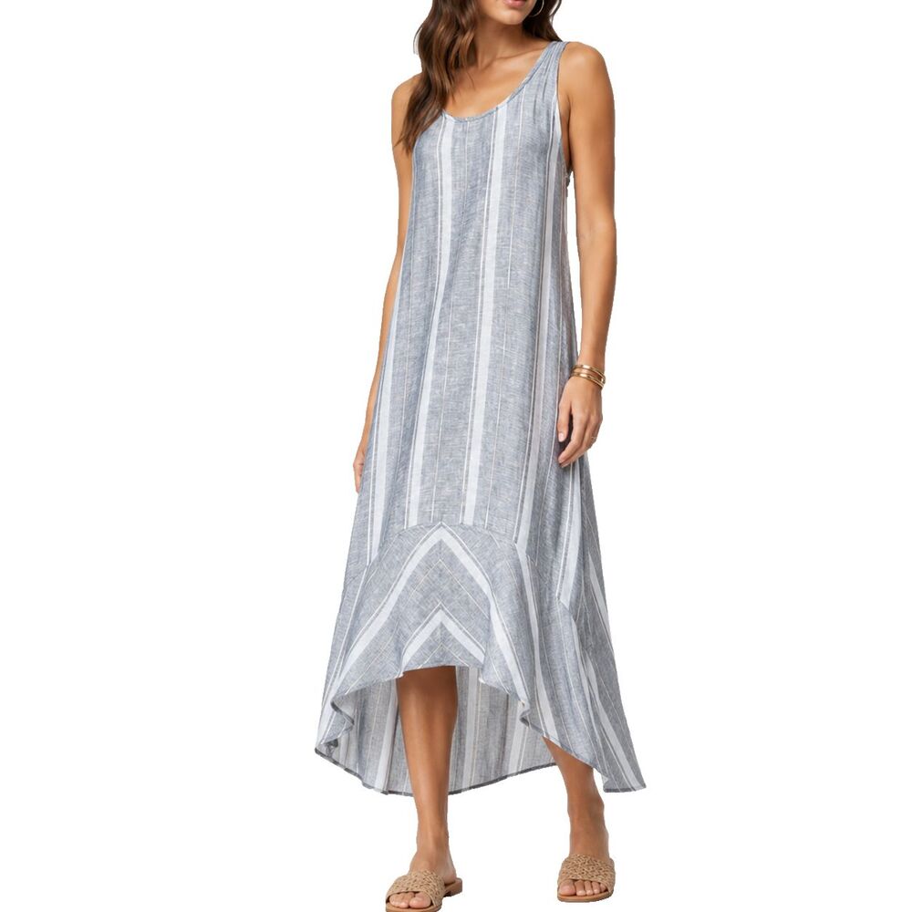 DREW Anthropologie Womens Dress XS Blue Stripe Linen Blend High Low Midi USA